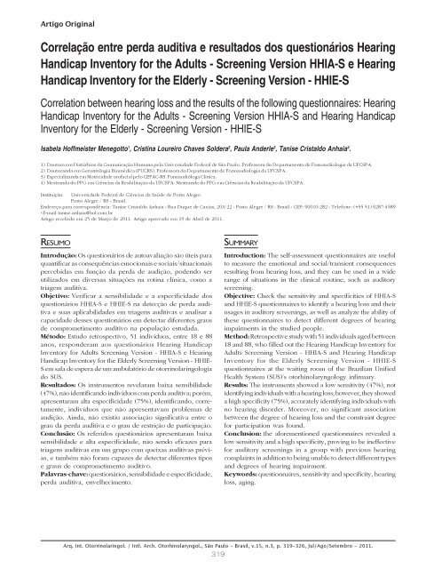 Screening Version HHIA S E Hearing Handicap Inventory For The 