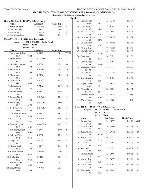 Results PDF - Toledo YMCA Swimming