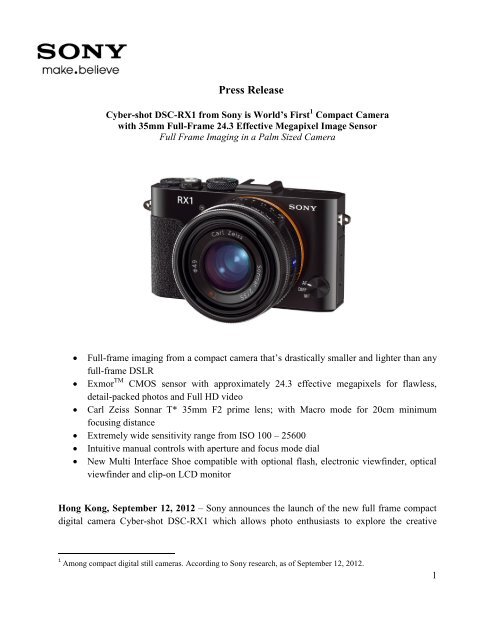 Cyber-shot DSC-RX1 from Sony is World's