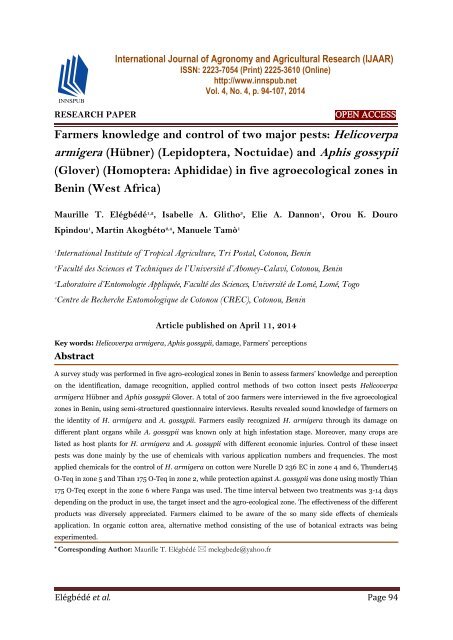 Farmers knowledge and control of two major pests: Helicoverpa armigera (Hübner) (Lepidoptera, Noctuidae) and Aphis gossypii (Glover) (Homoptera: Aphididae) in five agroecological zones in Benin (West Africa)