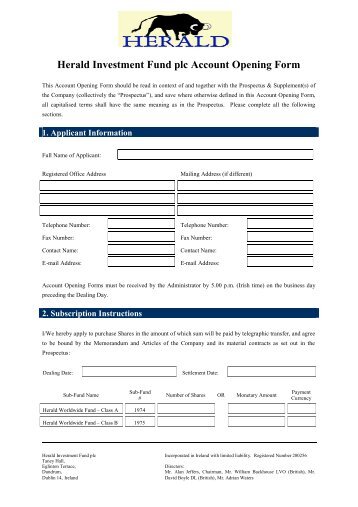 Herald Investment Fund plc Account Opening Form