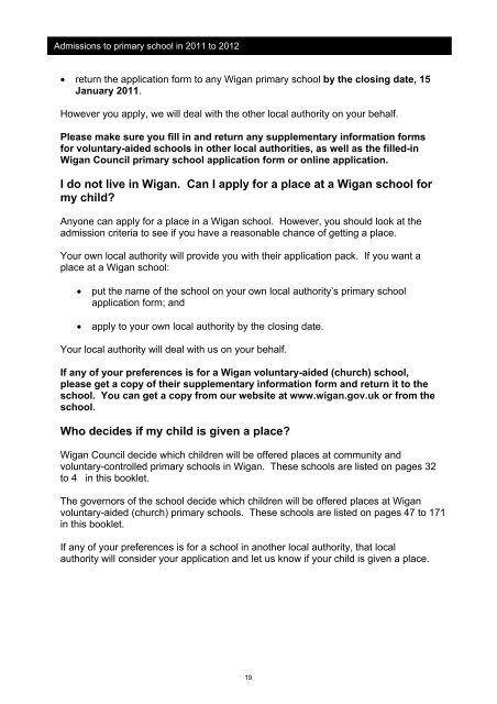 Admission to Primary School 2011-2012 Booklet - Wigan Council