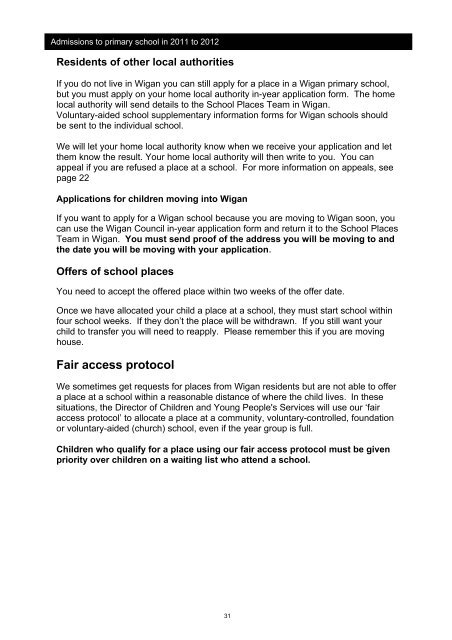 Admission to Primary School 2011-2012 Booklet - Wigan Council