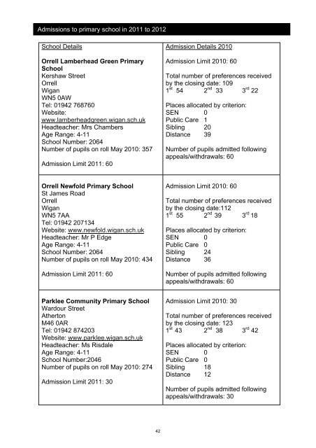 Admission to Primary School 2011-2012 Booklet - Wigan Council