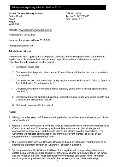 Admission to Primary School 2011-2012 Booklet - Wigan Council