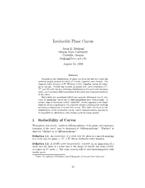 Irreducible Plane Curves 1 Reducibility of Curves