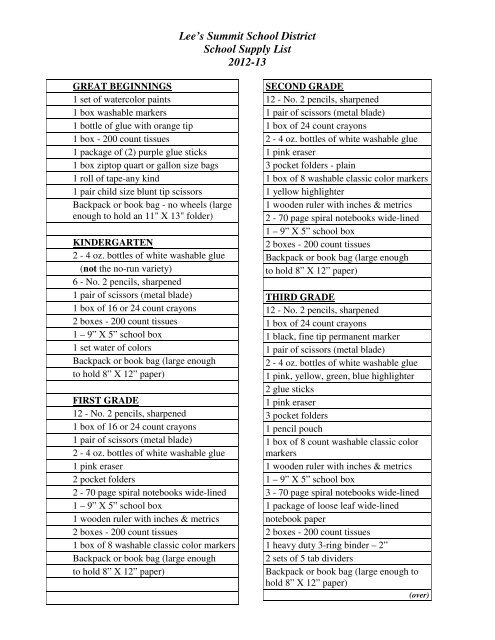 School Supply List - Lee's Summit R-7 School District