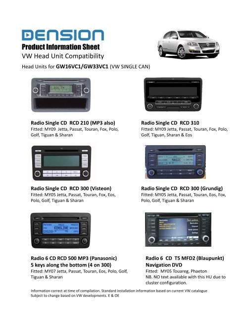 Product Information Sheet VW Head Unit Compatibility - PAC Audio