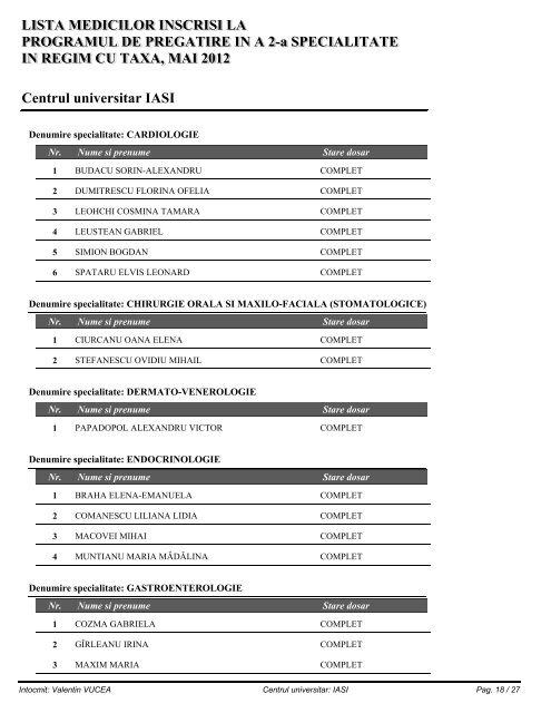 LISTA MEDICILOR INSCRISI LA PROGRAMUL DE PREGATIRE IN ...