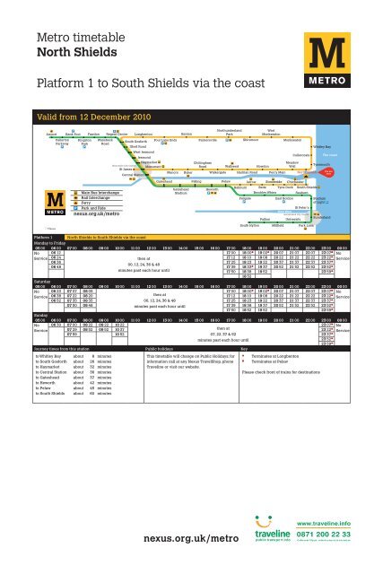 Metro timetable North Shields Platform 1 to South Shields via the coast Metro timetable North Shields Platform 1 to South Shields via the coast
