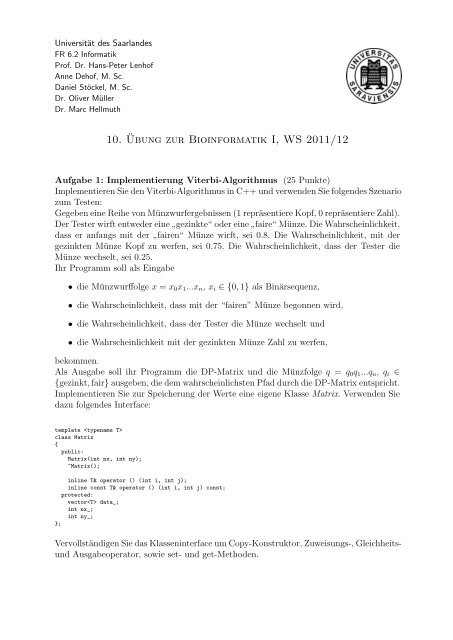 10. ¨Ubung zur Bioinformatik I, WS 2011/12 - Universität des ...