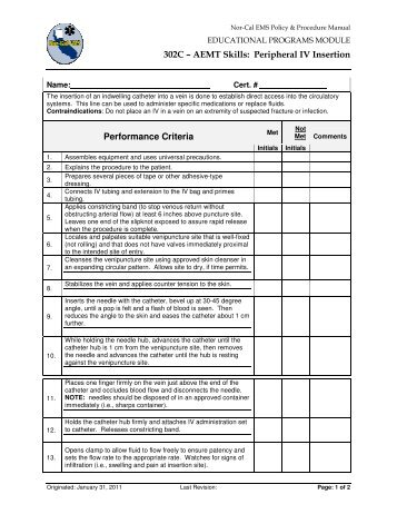 302C – AEMT Skills: Peripheral IV Insertion Performance Criteria