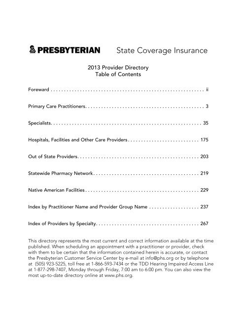 State Coverage Insurance 2013 Provider Directory - Presbyterian ...