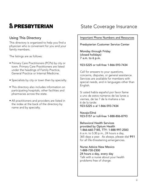 State Coverage Insurance 2013 Provider Directory - Presbyterian ...