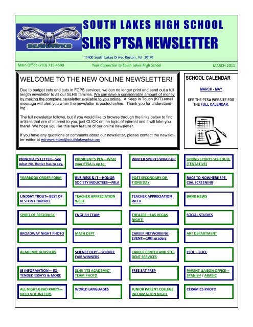 SLHS PTSA NEWSLETTER - South Lakes High School PTSA