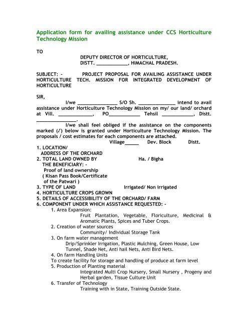 Application form for availing assistance under CCS Horticulture ...