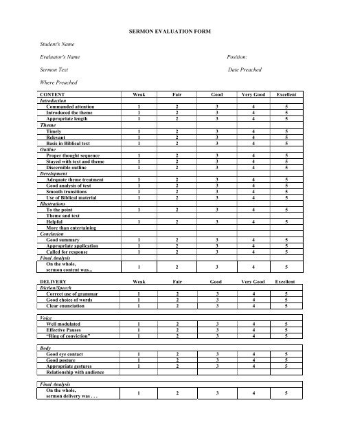 Sermon Evaluation Forms