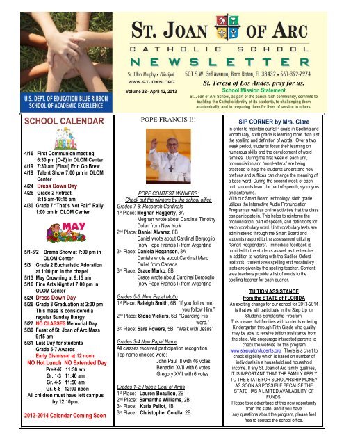 SCHOOL CALENDAR - St. Joan of Arc Catholic Church