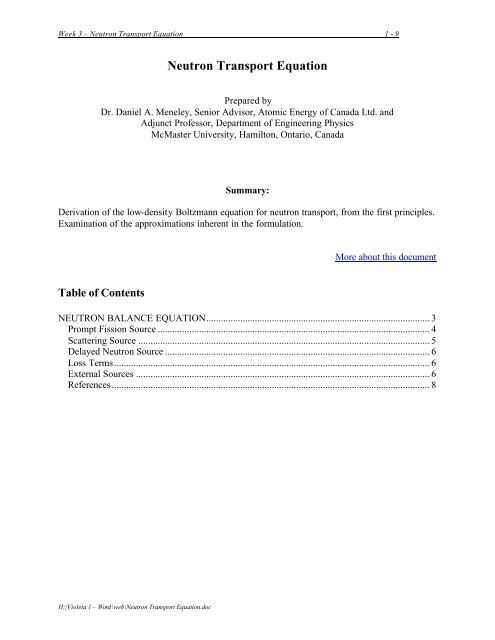 Neutron Transport Equation - Nuclear Engineering at McMaster ...