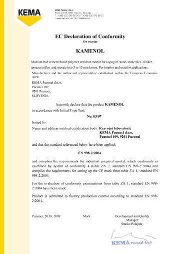 EC Declaration of Conformity KAMENOL - Kema.si