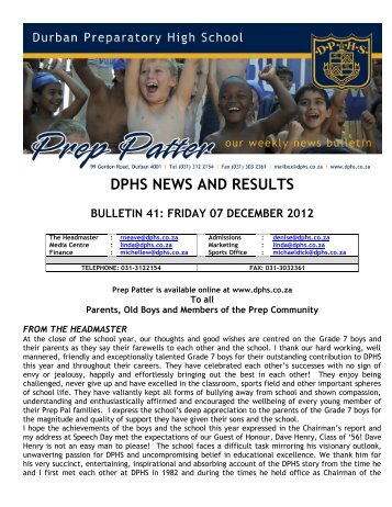 dphs news and results bulletin 41: friday 07 december 2012