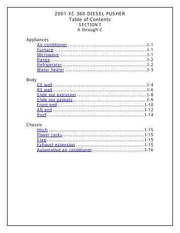 2001 XC 360 DIESEL PUSHER Table of Contents - Airstream