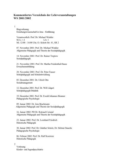 Kommentiertes Verzeichnis der Lehrveranstaltungen WS 2001/2002