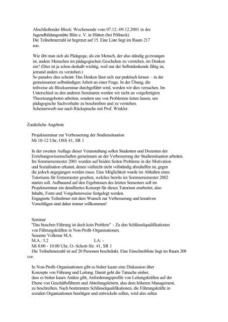 Kommentiertes Verzeichnis der Lehrveranstaltungen WS 2001/2002