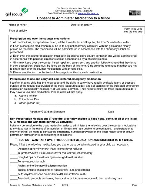 Consent To Administer Medication To A Minor P - the Girl Scouts ...