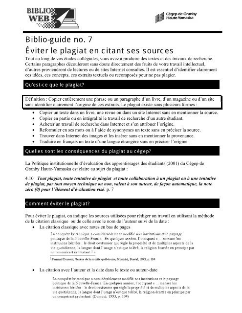 Ãviter le plagiat en citant ses sources - CÃ©gep de Granby â Haute ...