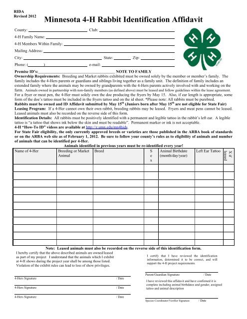 Minnesota 4-H Rabbit Identification Affidavit
