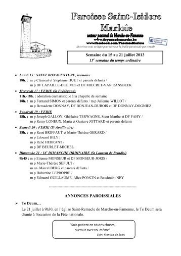 Feuille paroissiale de MARLOIE semaine du 15 au 21 juillet - 2013