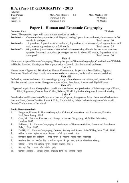 B.A. (Part- II) GEOGRAPHY - 2013 Paper I - Human and Economic ...