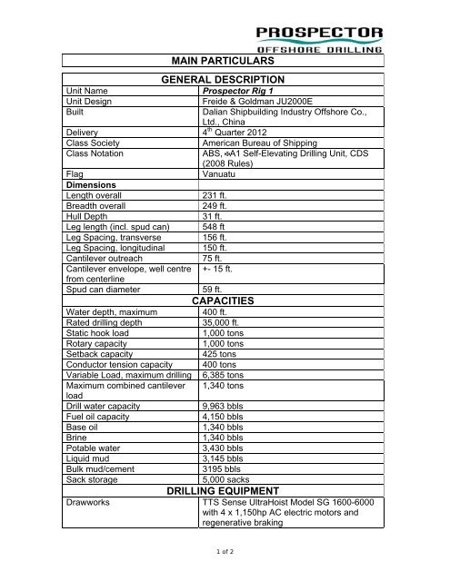 main particulars capacities drilling equipment general description