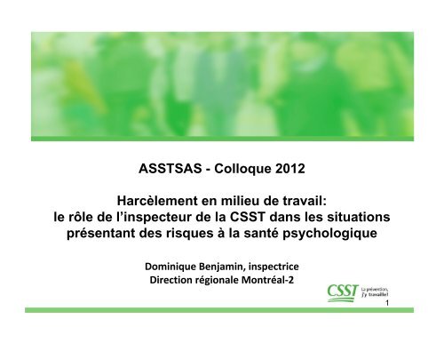 L'inspecteur de la CSST et les risques Ã  la santÃ© ... - Asstsas