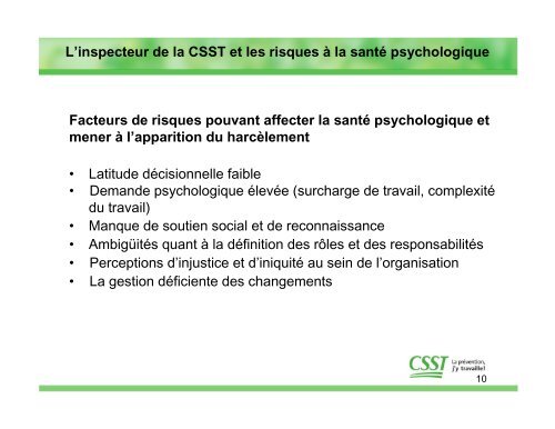 L'inspecteur de la CSST et les risques Ã  la santÃ© ... - Asstsas