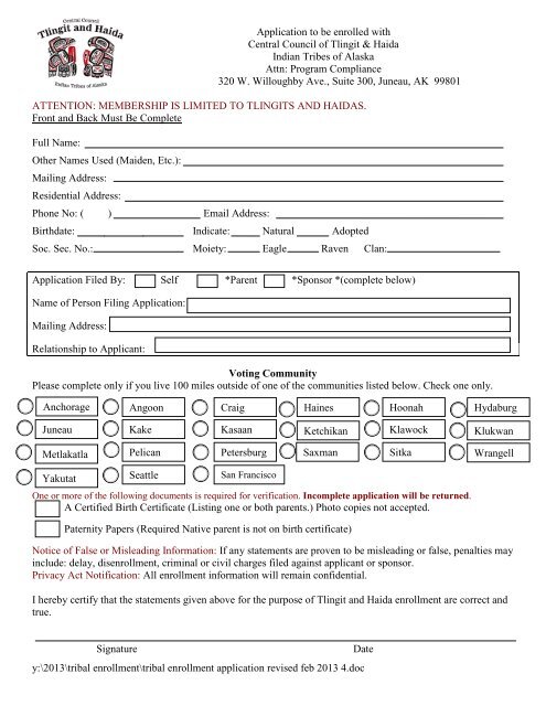 Enrollment Application - Central Council Tlingit Haida Indian Tribes ...