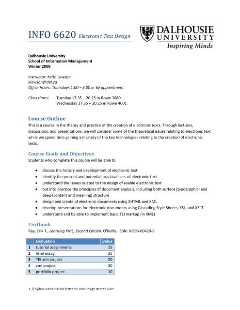 Electronic Text Example INFO 6620 Electronic Text Design Course Outline - Faculty of ...