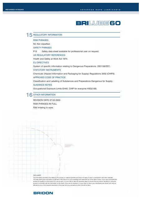 Brilube 60 MSDS - Bridon