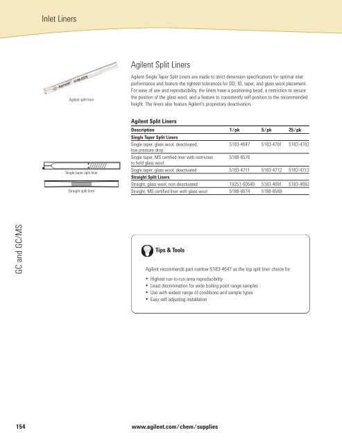 GC and GC/MS Agilent MS Certified Liners Inlet Liners - T.E.A.M.