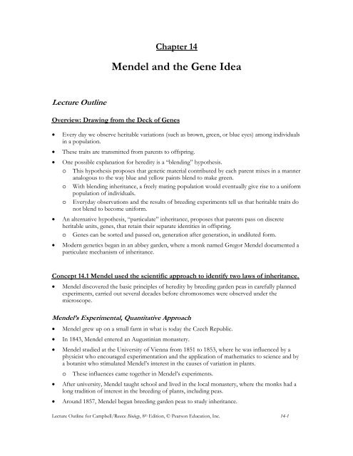 CHAPTER 14 MENDEL AND THE GENE IDEA - Hancock High School