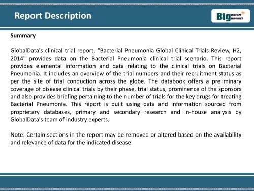 BMR Bacterial Pneumonia Global Clinical Market Analysis,Growth, H2, 2014