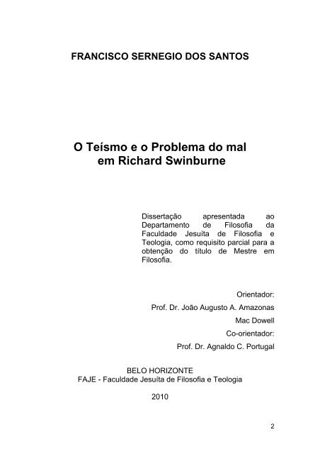 o teÃ­smo e o problema do mal em richard swinburne - FaJe