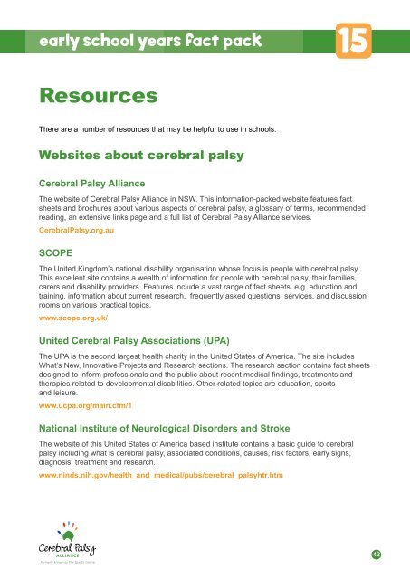Early School Years Fact Pack - Cerebral Palsy Alliance