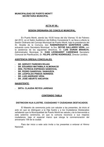 SESION ORDINARIA DE CONCEJO MUNICIPAL. En Puerto Montt ...