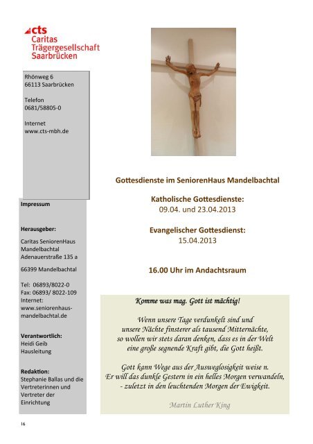 Hauszeitung April 2013 - Caritas SeniorenHaus Mandelbachtal
