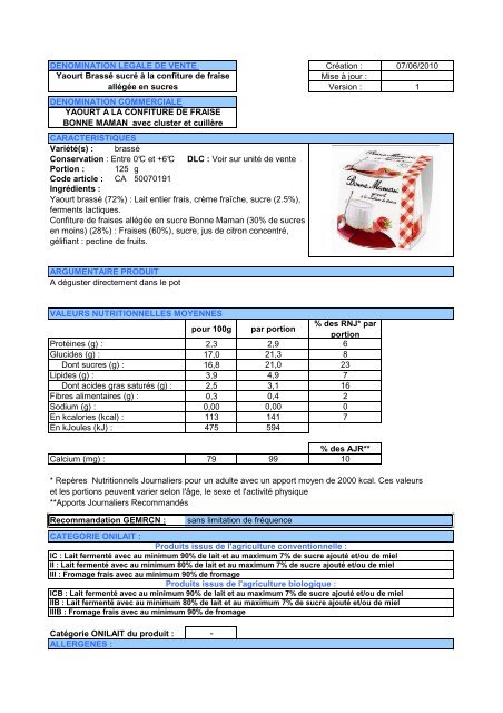 YAOURT A LA CONFITURE DE FRAISE BONNE ... - Mercuriale.net