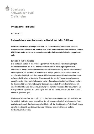 PRESSEMITTEILUNG - Sparkasse Schwäbisch Hall - Crailsheim