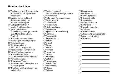 Urlaubscheckliste - Sparkasse Siegen