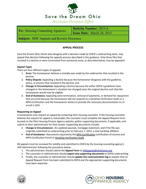 HHF Appeals and Review Processes - Ohio Housing Finance Agency